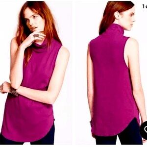 Free People Mock Neck Sleeveless Top w/ Raw Hem Plum Purple NWT